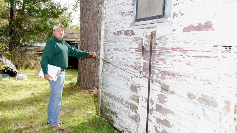 Inspector measuring a storm-damaged home in Texas