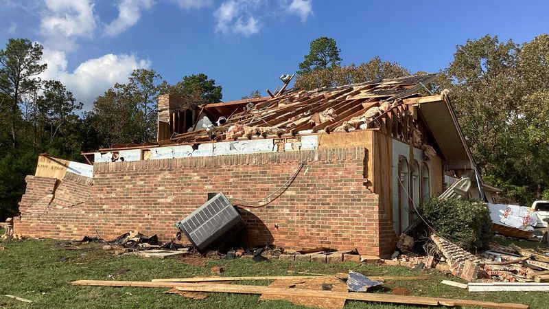 Brick home destroyed by an EF2 tornado in Hughes Springs, Texas