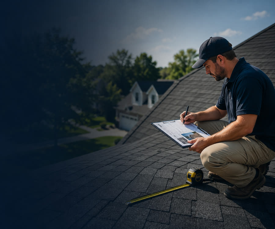 Storm Bolt Roofing inspector documenting an asphalt shingle roof with a clipboard and tape measure on a Houston-area home