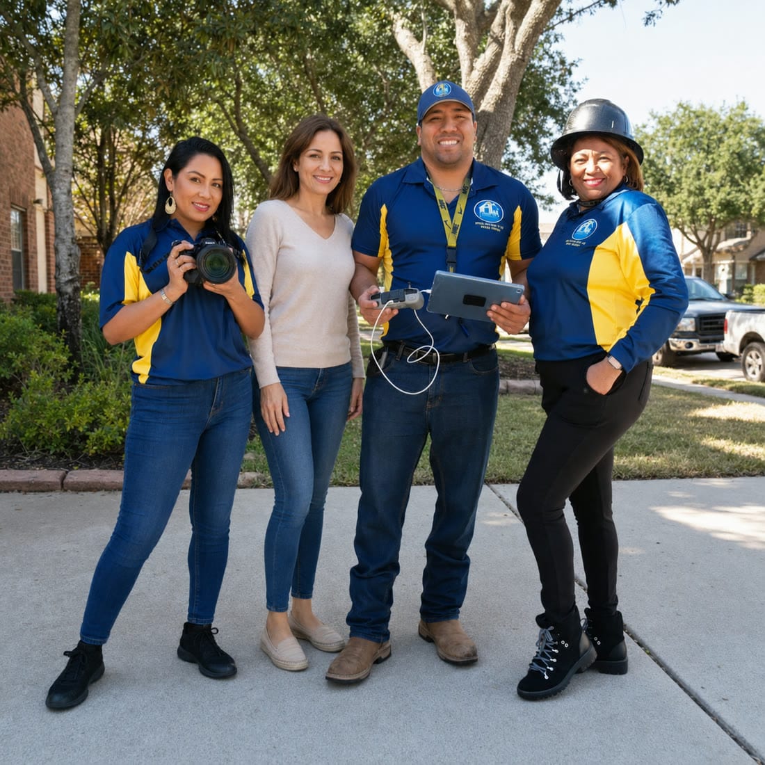 Storm Bolt Roofing team with a homeowner, holding a camera, drone, and tablet to document roof and storm damage