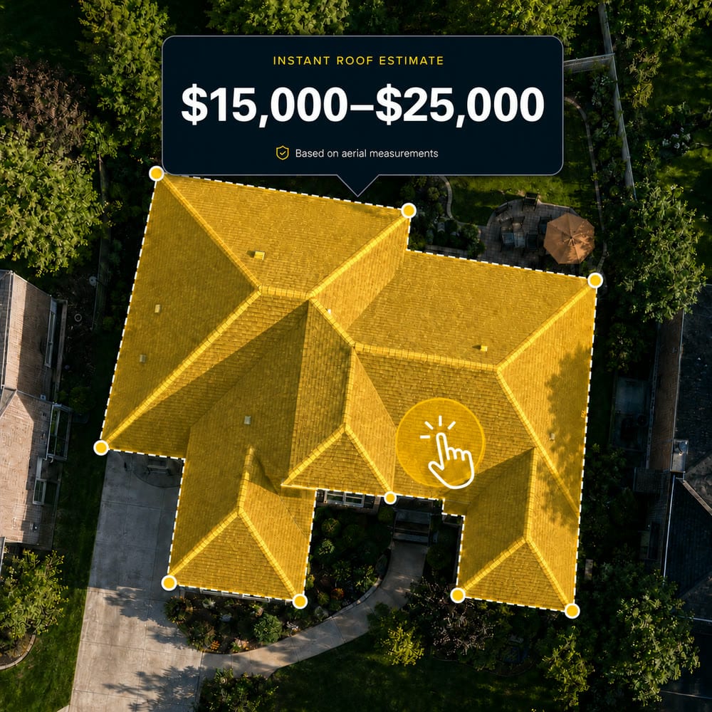 Instant roof estimate preliminary range of $15,000 to $25,000 on a measured roof