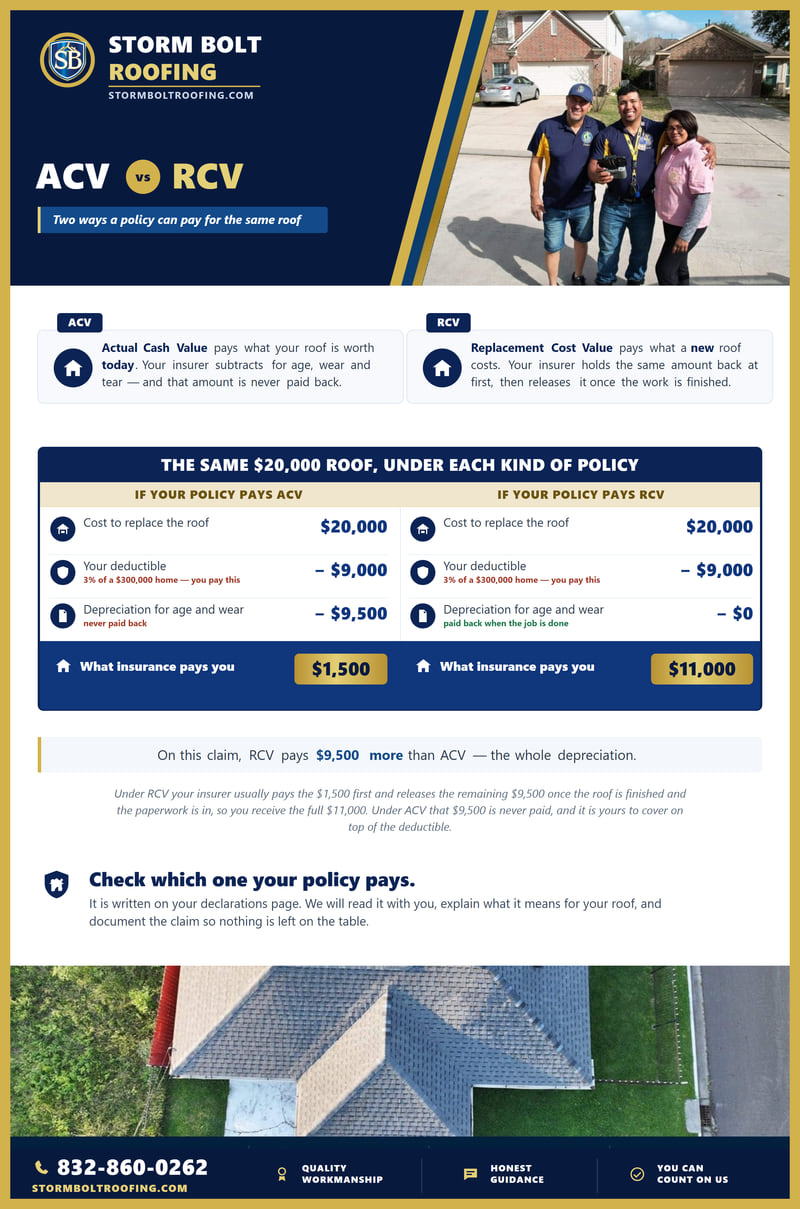 Chart comparing Actual Cash Value with Replacement Cost Value on the same $20,000 roof claim. Both subtract the $9,000 deductible. ACV also subtracts $9,500 of depreciation that is never paid back and pays $1,500; RCV subtracts none and pays $11,000 &mdash; $9,500 more. A note explains that an RCV policy pays the $1,500 first and releases the remaining $9,500 once the roof is finished and documented.