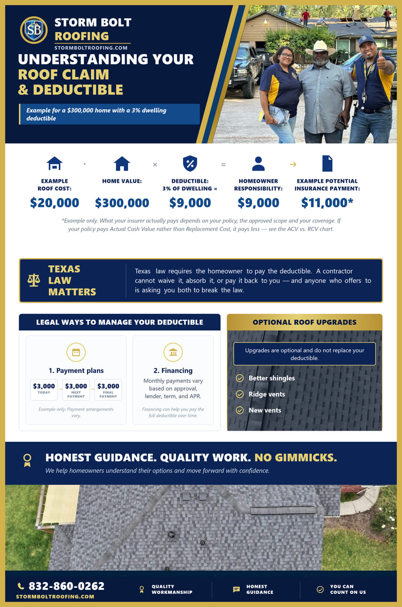 Chart for a $300,000 home with a 3% dwelling deductible: a $20,000 roof, $9,000 paid by the homeowner and about $11,000 by insurance. It states that Texas law requires the homeowner to pay the deductible and that a contractor cannot waive, absorb or pay it back, then shows the legal alternatives &mdash; payment plans and financing &mdash; and notes that optional roof upgrades do not replace the deductible.