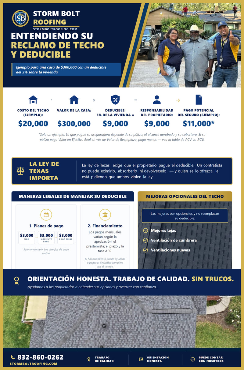Tabla para una casa de $300,000 con un deducible del 3% sobre la vivienda: un techo de $20,000, $9,000 que paga el propietario y unos $11,000 que paga el seguro. Indica que la ley de Texas exige que el propietario pague el deducible y que un contratista no puede eximirlo, absorberlo ni devolvérselo, y muestra las alternativas legales — planes de pago y financiamiento — y que las mejoras opcionales del techo no reemplazan el deducible.