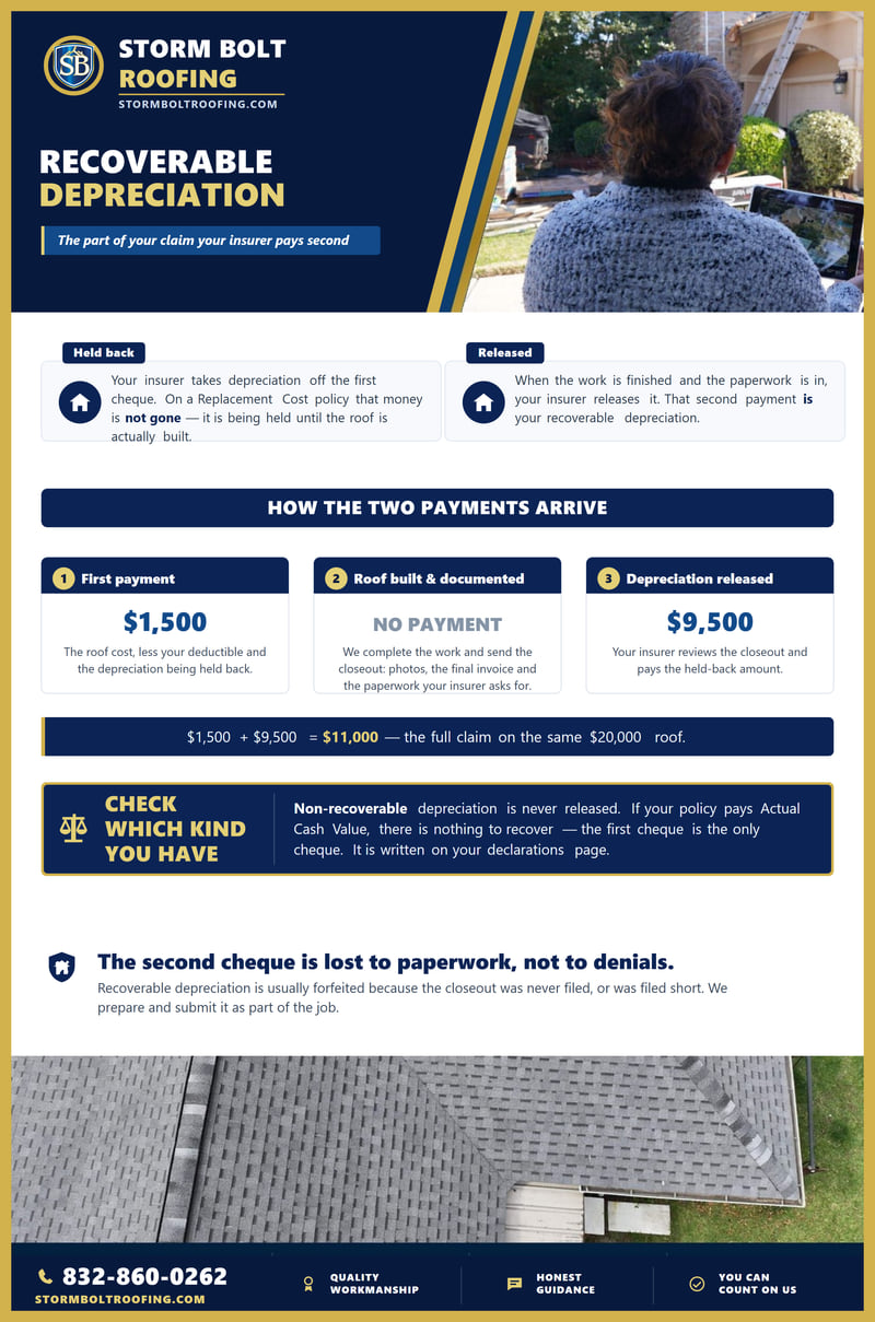 Chart explaining recoverable depreciation as the second payment on a claim. It shows three stages on the same $20,000 roof: a first payment of $1,500, the roof being built and documented, and $9,500 of depreciation released afterwards, totalling $11,000. A warning explains that non-recoverable depreciation is never released and that an Actual Cash Value policy has nothing to recover.