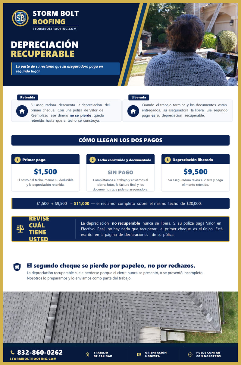 Tabla que explica la depreciación recuperable como el segundo pago de un reclamo. Muestra tres etapas sobre el mismo techo de $20,000: un primer pago de $1,500, el techo construido y documentado, y $9,500 de depreciación liberados después, para un total de $11,000. Una advertencia explica que la depreciación no recuperable nunca se libera y que una póliza de Valor en Efectivo Real no tiene nada que recuperar.