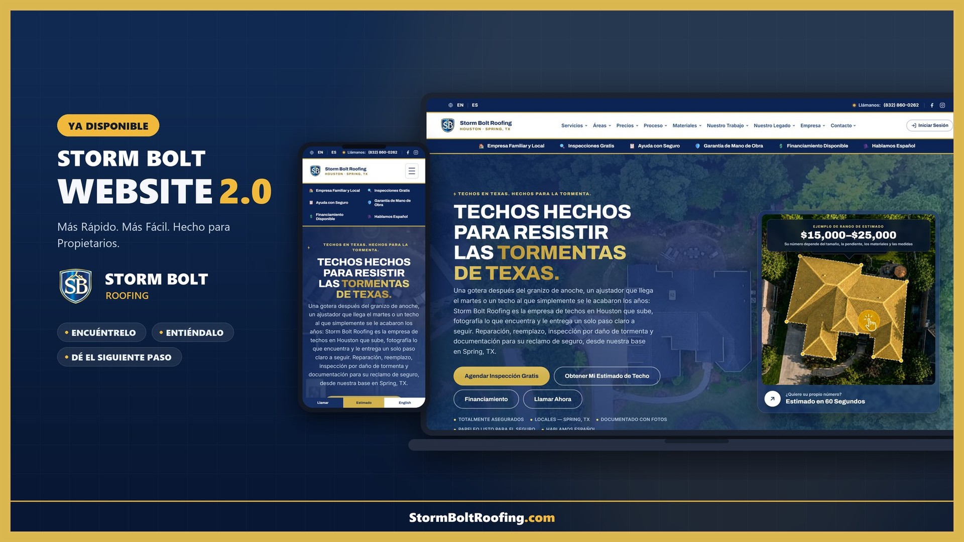 Website 2.0 de Storm Bolt Roofing mostrado en una computadora y un dispositivo móvil