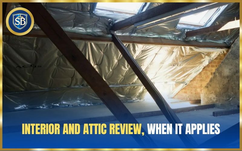 Attic of a Houston-area home with rafters, insulation and roof decking, where water from a storm leak is traced before an emergency roof tarp goes on
