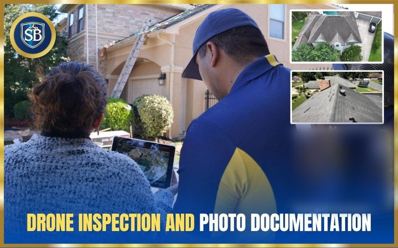 Storm Bolt Roofing inspector showing a Houston homeowner drone photos of her roof on a tablet during a free post-storm roof inspection