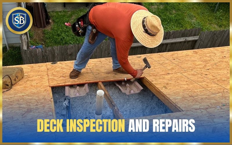 Storm Bolt Roofing crew member replacing a damaged section of roof decking with new plywood — deck inspection and repairs