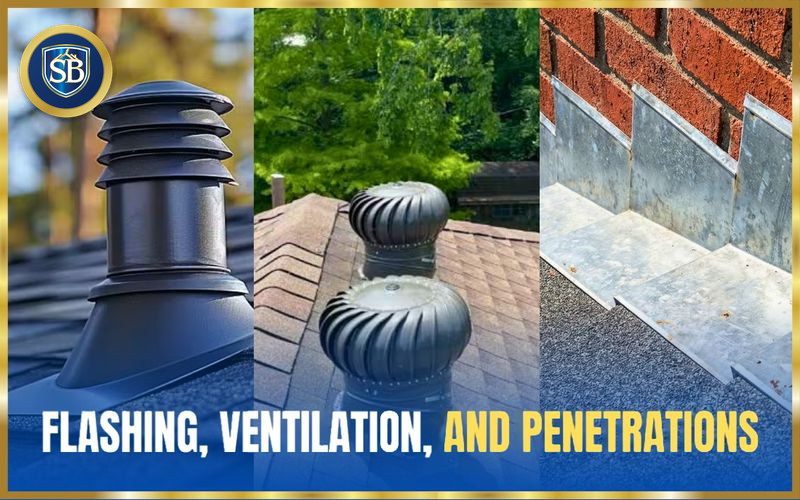 New pipe boot, turbine vents, and step flashing along a brick wall — flashing, ventilation, and penetrations