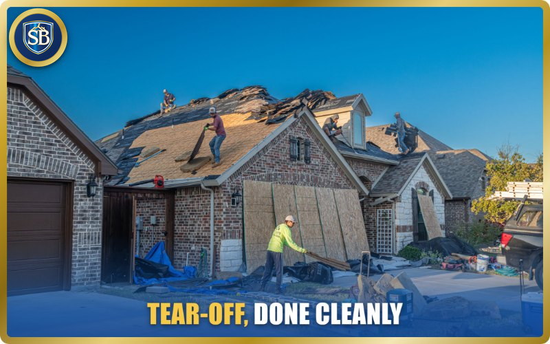 Roofing crew stripping the old shingles from a Texas brick home: torn-off shingles stacked on the roof, bare decking exposed, plywood shielding the siding and tarps covering the landscaping and driveway