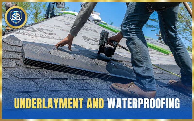 Roofer with a nail gun working over fresh synthetic underlayment on a roof deck — underlayment and waterproofing