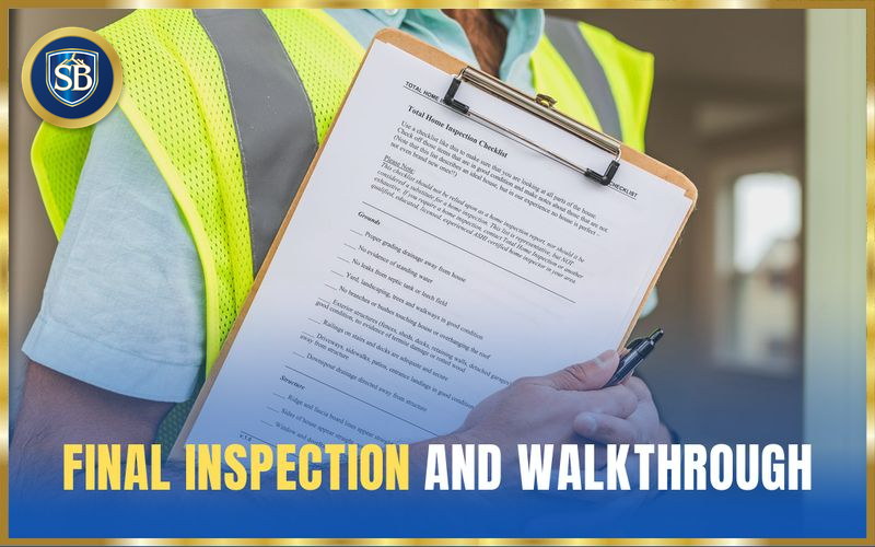 Inspector in a safety vest holding a home inspection checklist on a clipboard — final inspection and walkthrough