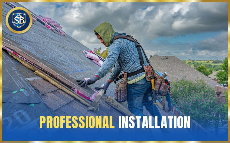 Roofer laying shingle courses under a dramatic sky — professional installation
