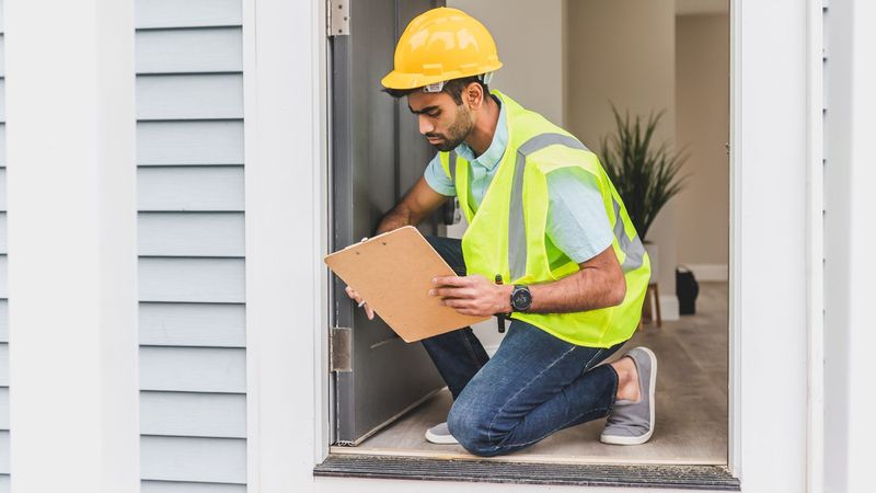 Home inspector in a safety vest and hard hat checking a doorway — Inspection Day