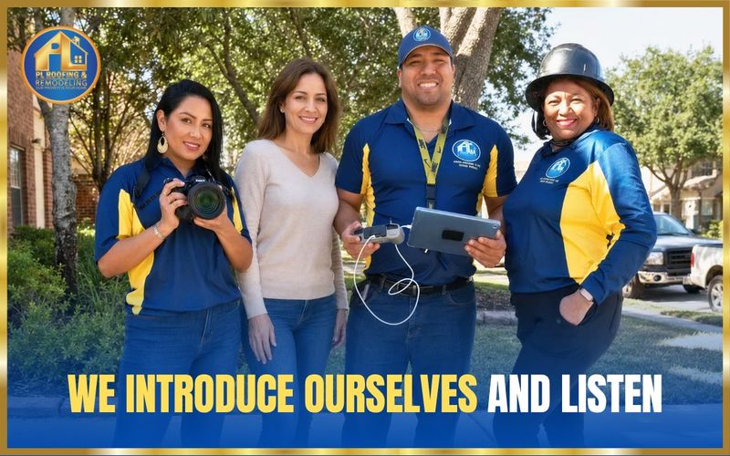 Storm Bolt Roofing inspection team greeting a homeowner in front of her Houston-area home with camera, drone controller, and tablet — we introduce ourselves and listen
