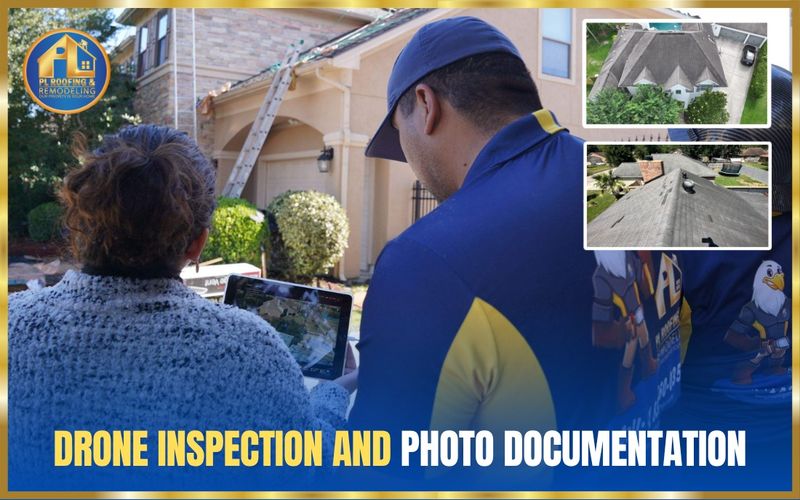 Storm Bolt Roofing inspector and homeowner reviewing live drone footage on a tablet, with aerial photos of the roof — drone inspection and photo documentation