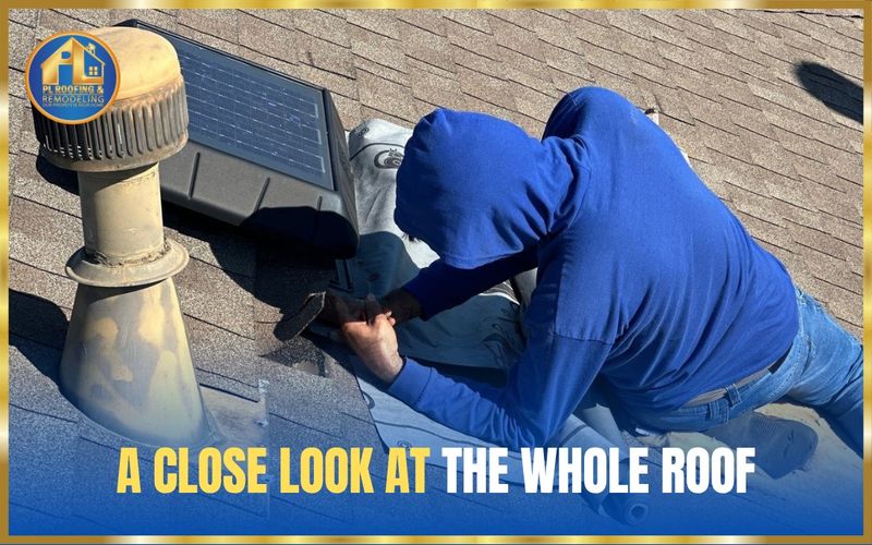 Storm Bolt Roofing inspector examining shingles and a vent up close on an asphalt shingle roof — a close look at the whole roof