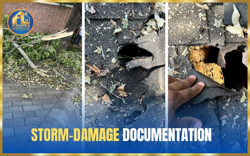 Fallen tree limbs on a shingle roof and close-ups of punctured, wind-torn shingles — storm-damage documentation
