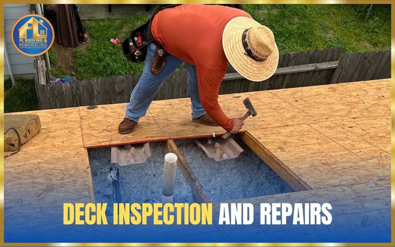 Storm Bolt Roofing crew member replacing a damaged section of roof decking with new plywood — deck inspection and repairs