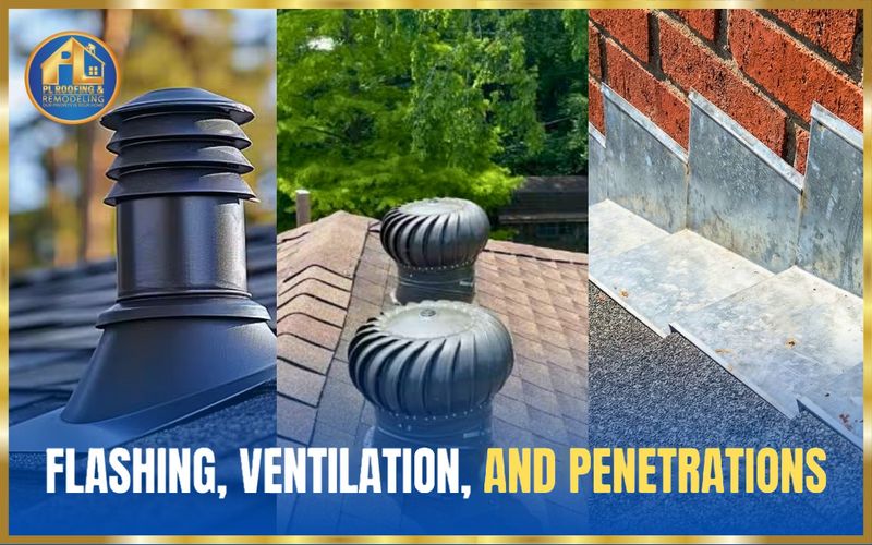 New pipe boot, turbine vents, and step flashing along a brick wall — flashing, ventilation, and penetrations