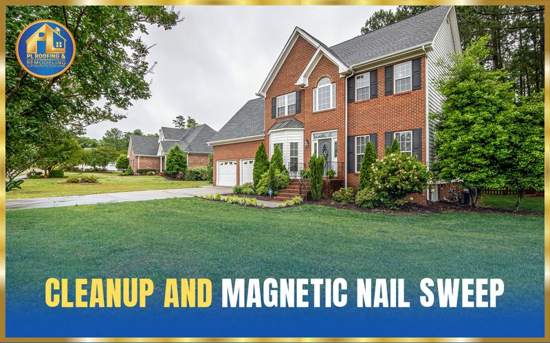 Two-story brick home with a spotless manicured lawn and clean driveway — cleanup and magnetic nail sweep