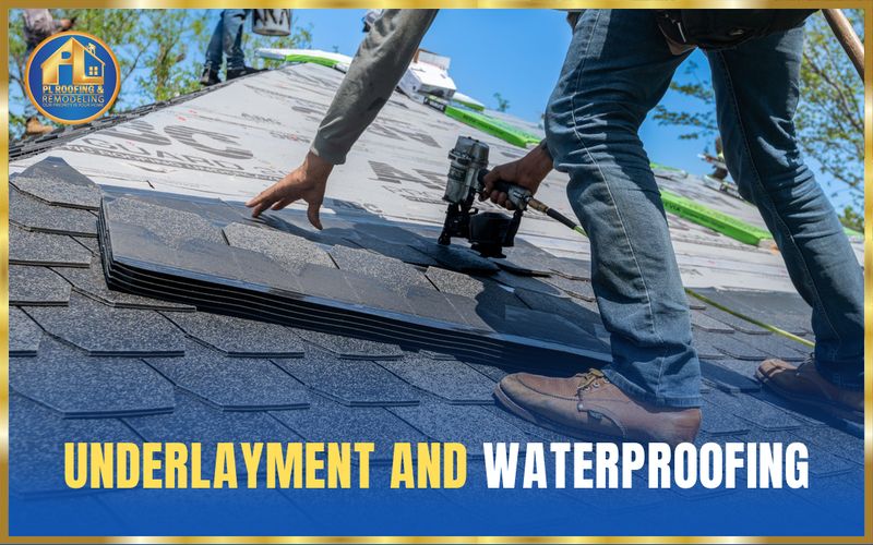 Roofer with a nail gun working over fresh synthetic underlayment on a roof deck — underlayment and waterproofing