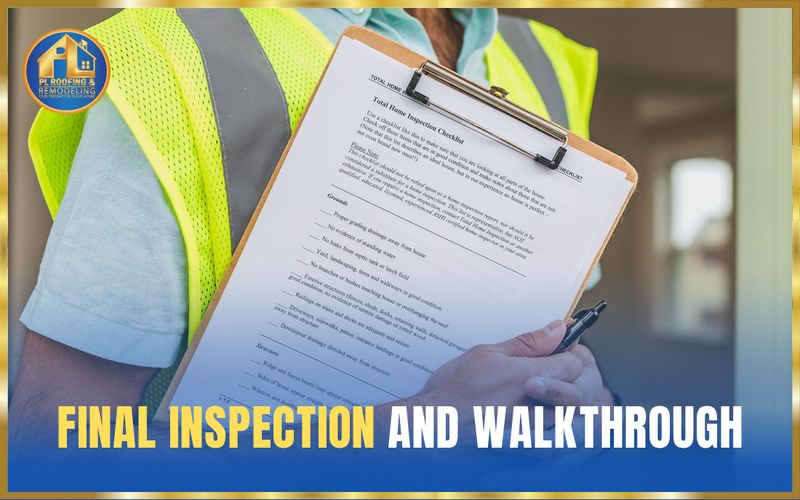 Inspector in a safety vest holding a home inspection checklist on a clipboard — final inspection and walkthrough