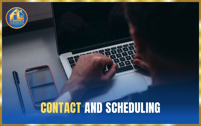 Hands typing on a laptop with a phone alongside to request a free inspection — contact and scheduling
