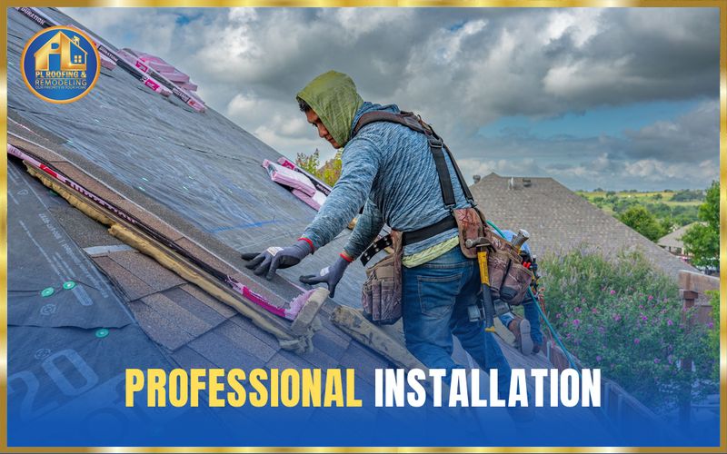 Roofer laying shingle courses under a dramatic sky — professional installation
