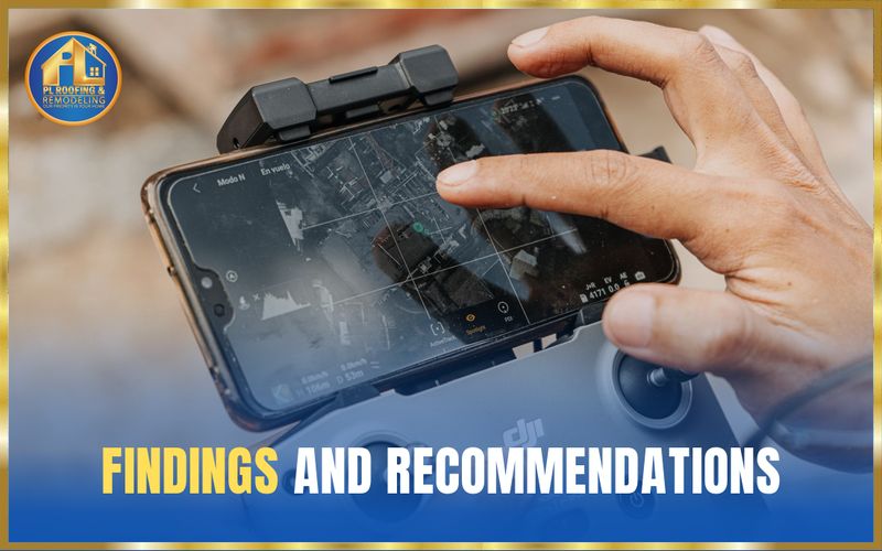 Hand on a drone controller reviewing the aerial roof survey on screen — findings and recommendations