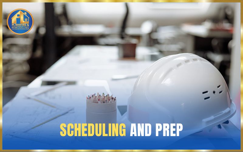 White hard hat resting on project plans on the planning table — scheduling and prep