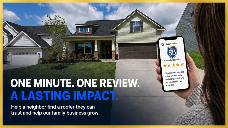 A homeowner leaving a five-star Google review for Storm Bolt Roofing on a phone, beside the headline One minute. One review. A lasting impact.